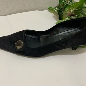 Black Suede Pointed Toe Pump with Decorative Medallion